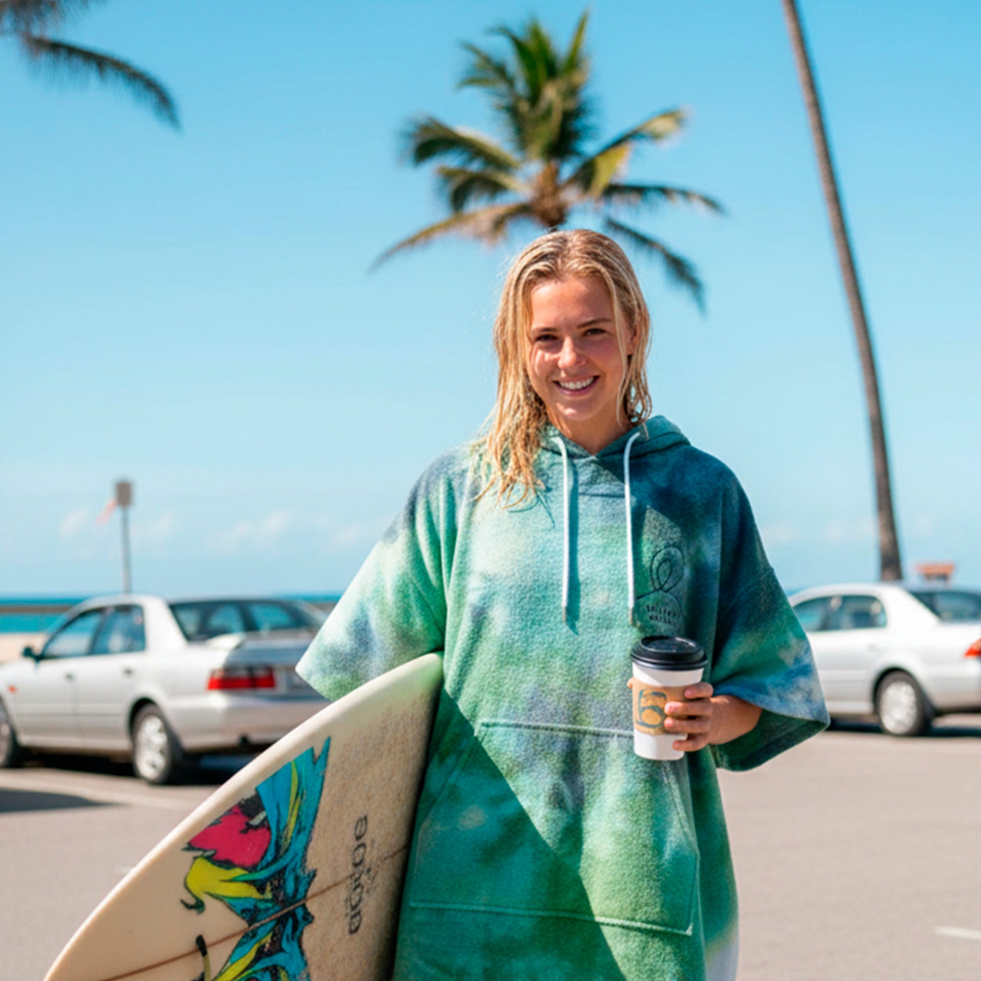 Green and blue cototn surf poncho Katina beach